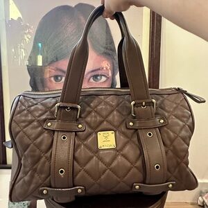 Vintage MCM brown leather Boston buckle bag